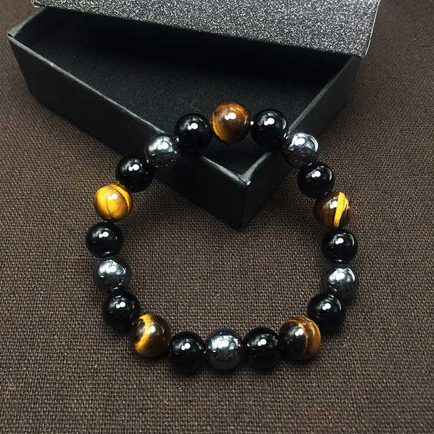 2 Pcs Tiger Eye & Obsidian Natural Stone Beaded Bracelet – 6mm, Men's Women's Jewelry, DouVei